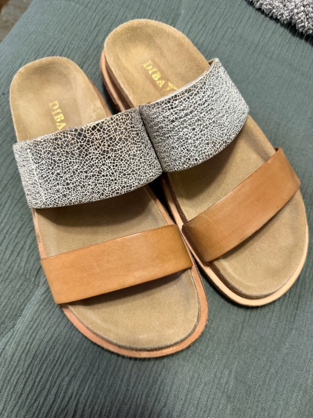 Women's Two-Band Slide Sandals in Tan and Silver Crackle